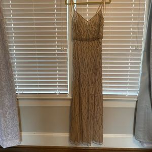 Nude/cream/tan Adrianna Papell dress with gunmetal grey/silver beads; size 6